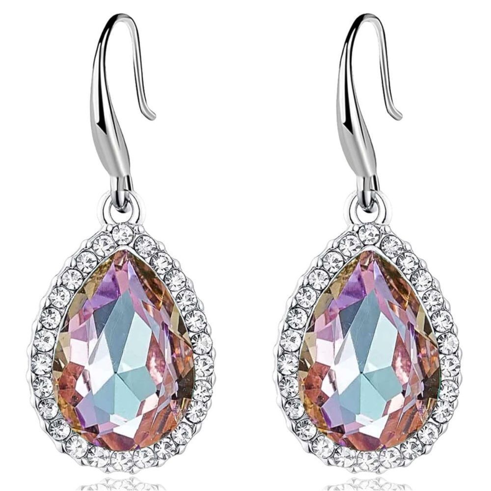 14K White Gold with Vitrail Light Austrian Crystal Teardrop Halo Hook Earrings